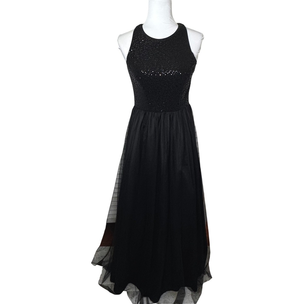 Vintage Aidan Mattox Dress Black Sequin Tulle Sleeveless Maxi Gown Formal Size 4